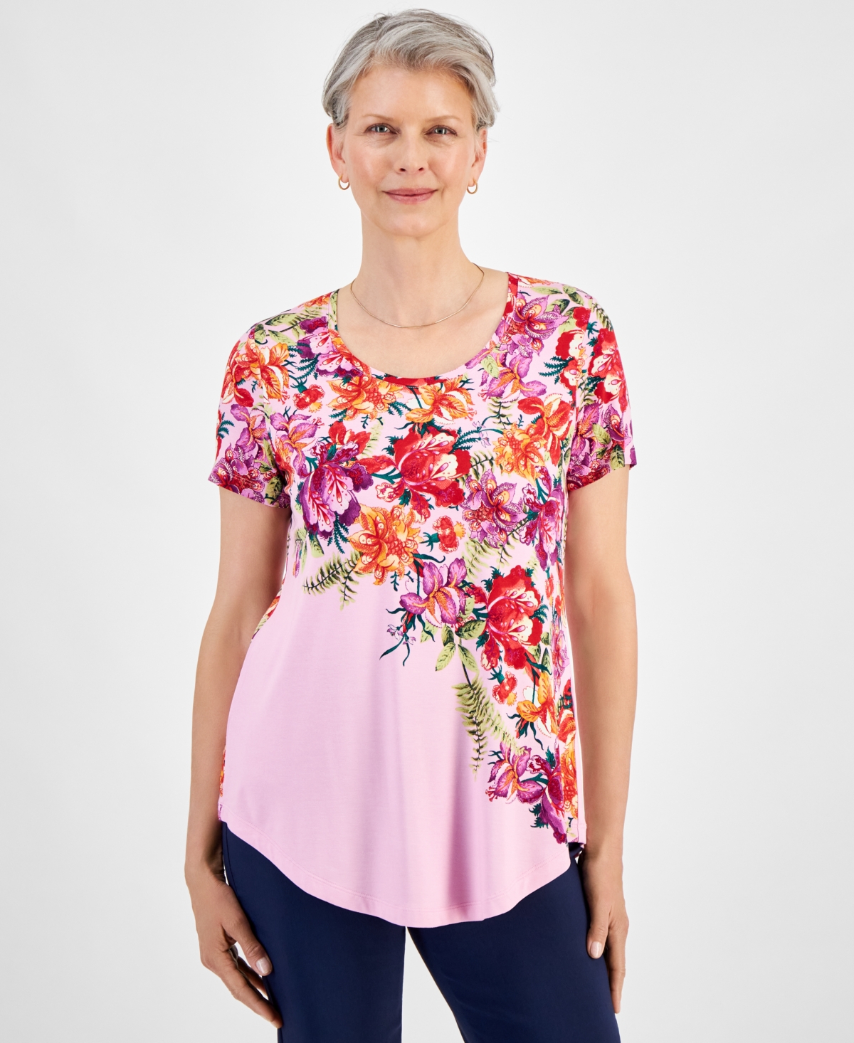 Women's Scoop-Neck Short-Sleeve Printed Knit Top, Created for Macy's - Blosom Berry Combo
