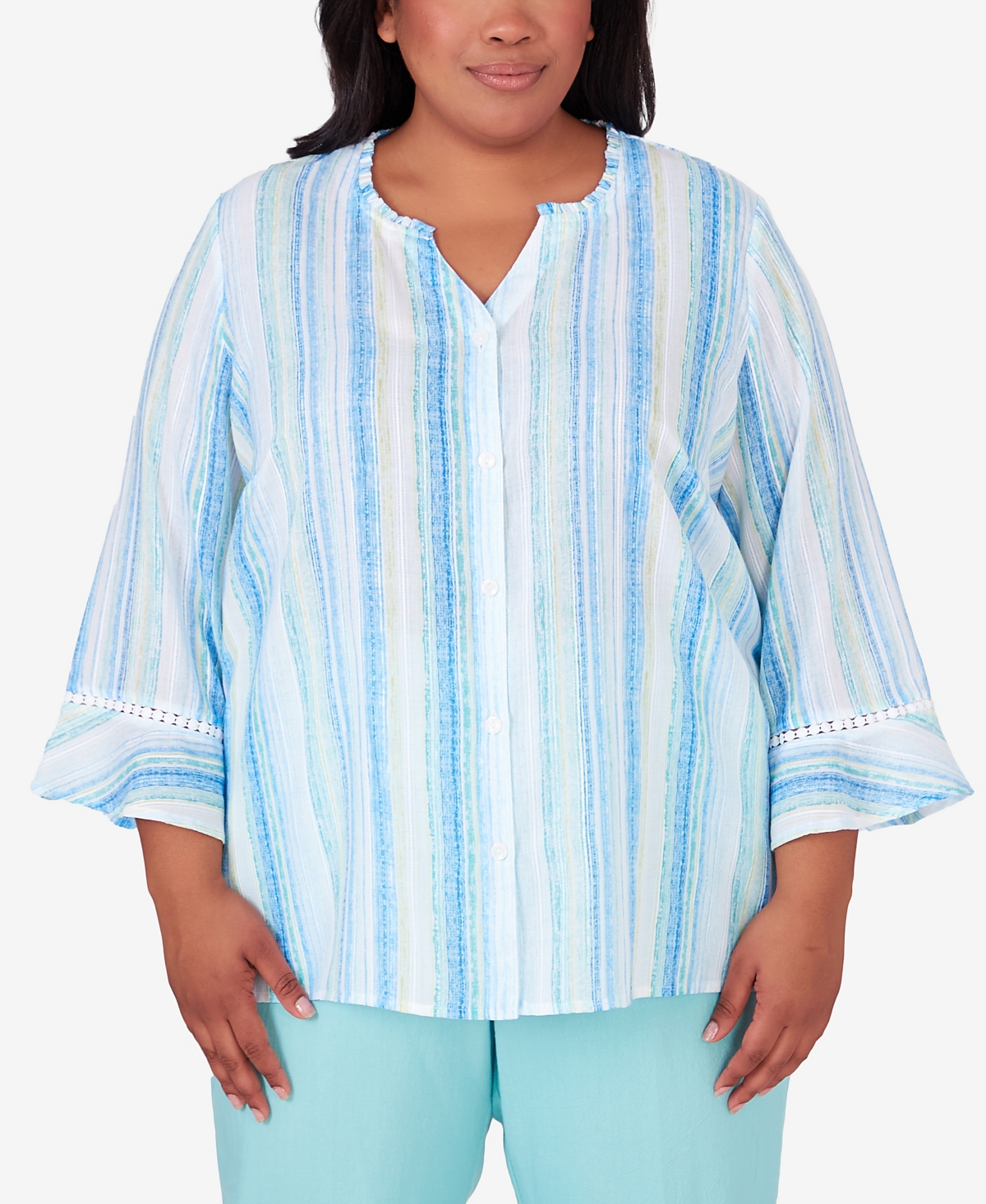 Alfred Dunner Plus Size Hyannisport Stripe Button Down Blouse Top In Multi