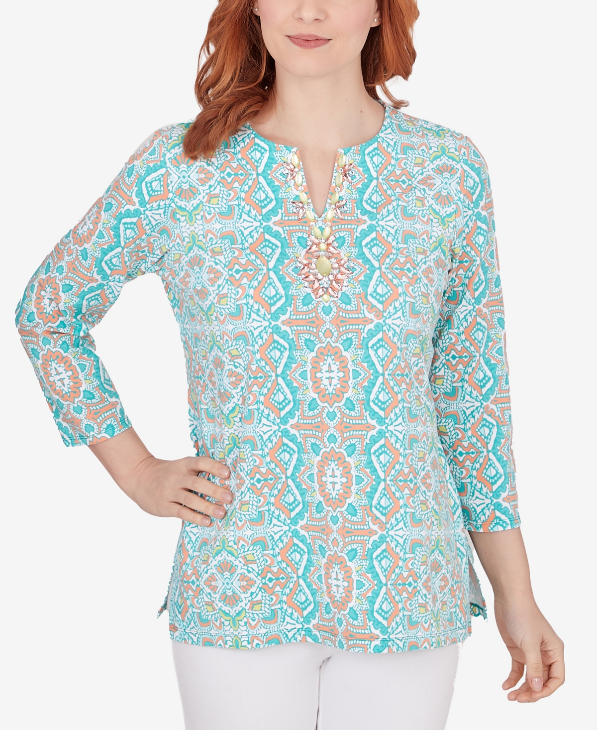 Ruby Rd. Petite Medallion Stretch Knit Top In Clear Blue Multi