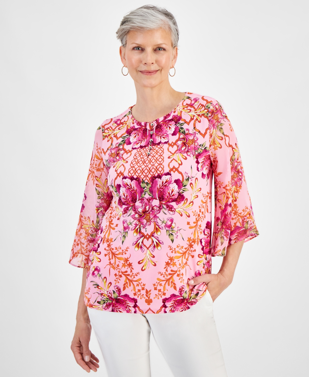 Women's Button-Trim Printed 3/4-Sleeve Top, Created for Macy's - Blossom Berry Combo
