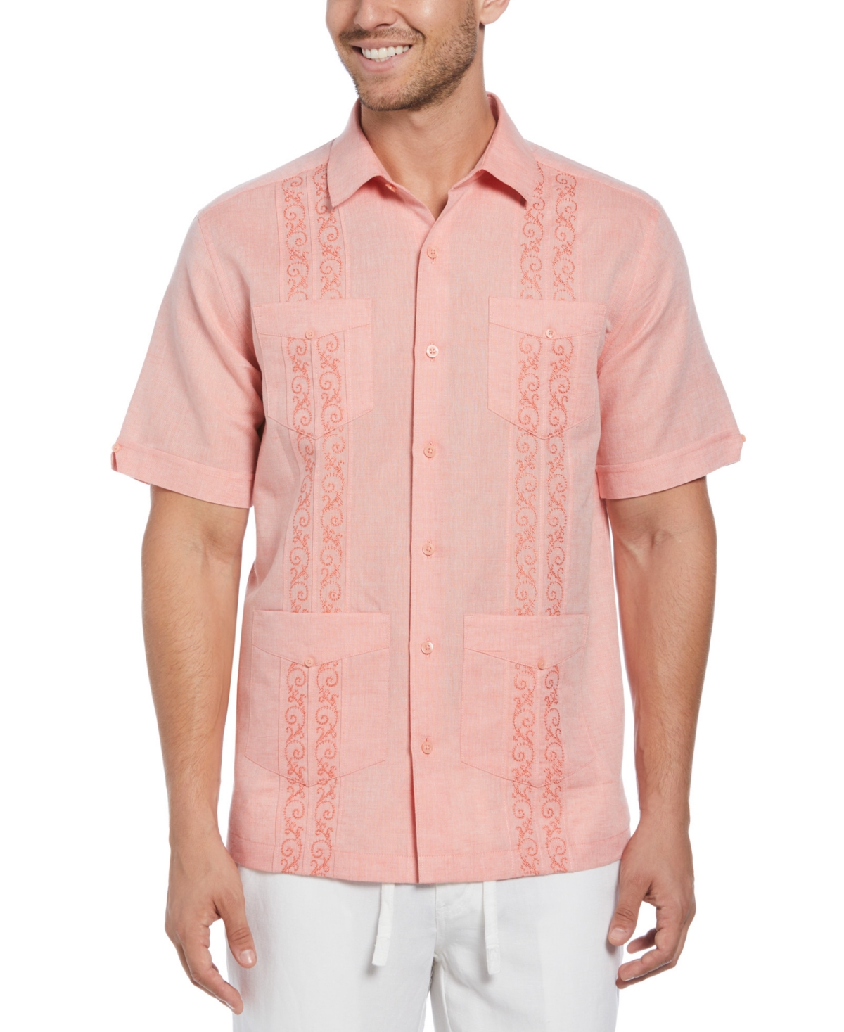 Men's Embroidered-Panel Linen Blend Guayabera Shirt - Coral