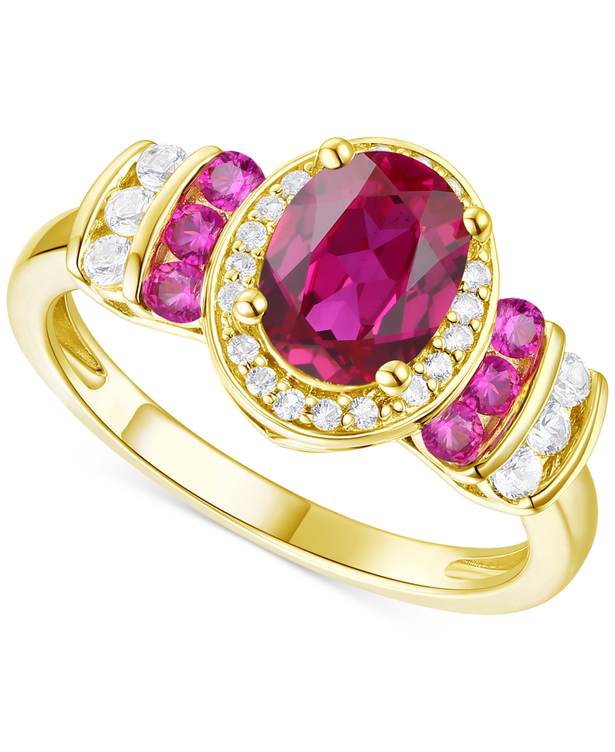 Lab-Grown Emerald (1-1/6 ct. t.w.) & Lab-Grown White Sapphire (1/4 ct. t.w.) Oval Halo Ring in 14k Gold-Plated Sterling Silver (Also in Additional Gem