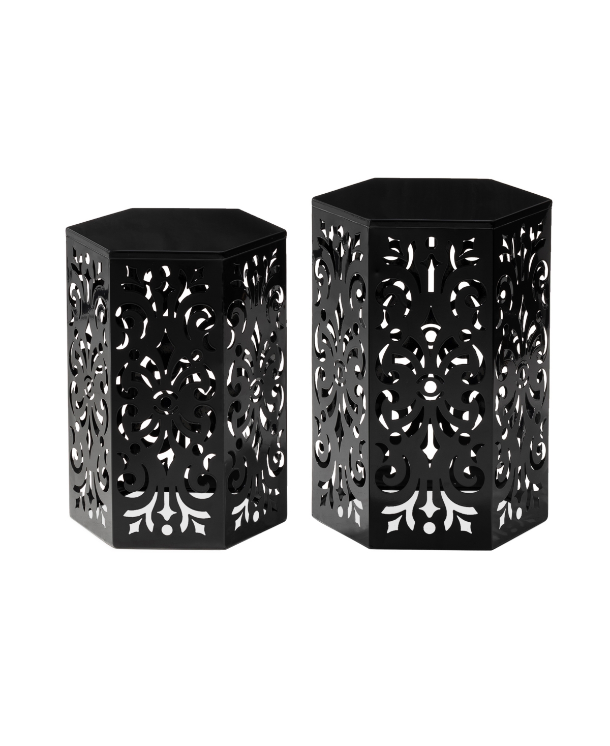 Multi-Functional Set of 2 Black Iron Cutout Floral Garden Stools or Planter Stand - Black