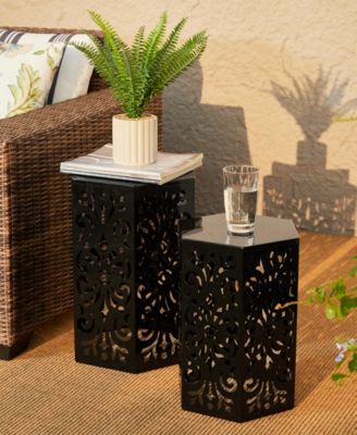 Multi-Functional Set of 2 Black Iron Cutout Floral  Garden Stools or Planter Stand