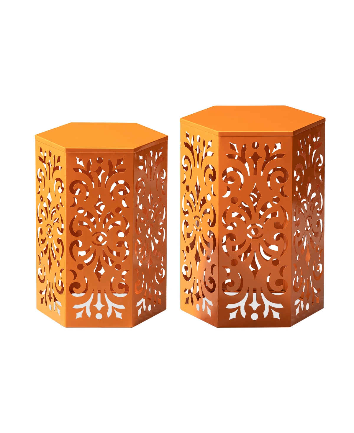 Multi-Functional Set of 2 Orange Cutout Floral Hexagonal Garden Stools or Planter Stand - Orange