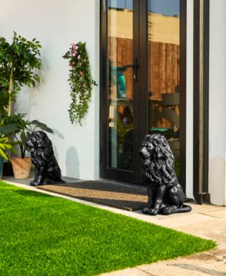 Set of 2 Black Sitting Lion Garden Statue