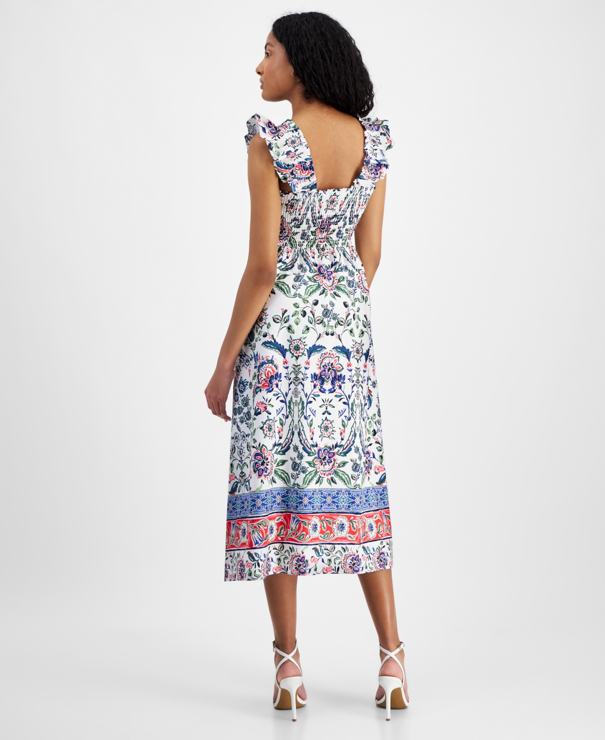 Shop Anne Klein Women's Floral-print Smocked Midi Dress In Prl Wht,hb