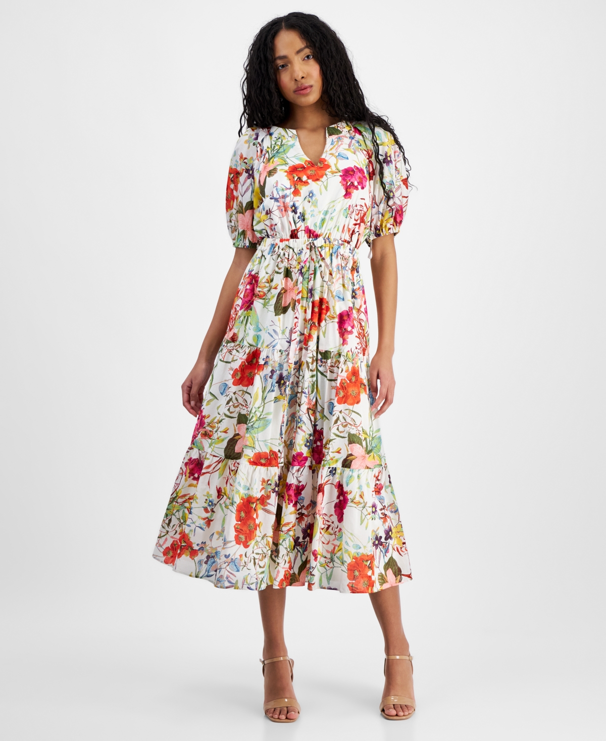 Shop Anne Klein Women's Floral-print Tiered Midi Dress In Egret Mult