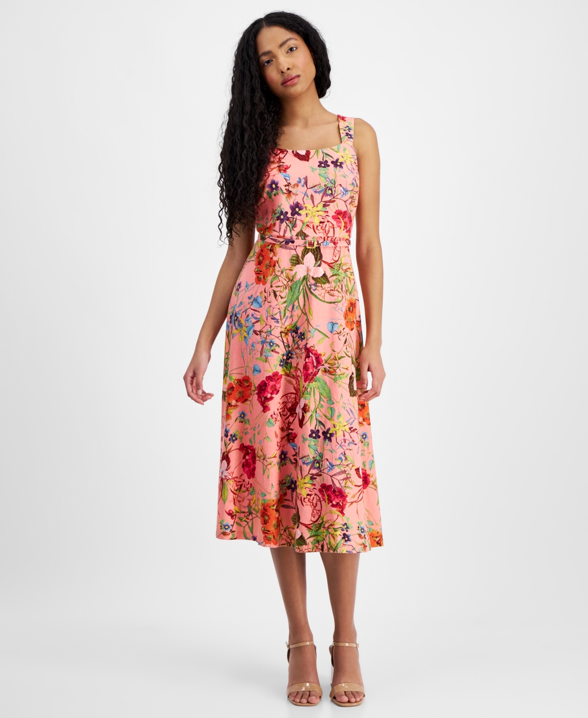 Anne Klein Women's Linen-blend Floral-print Midi Dress In Sunkist Co