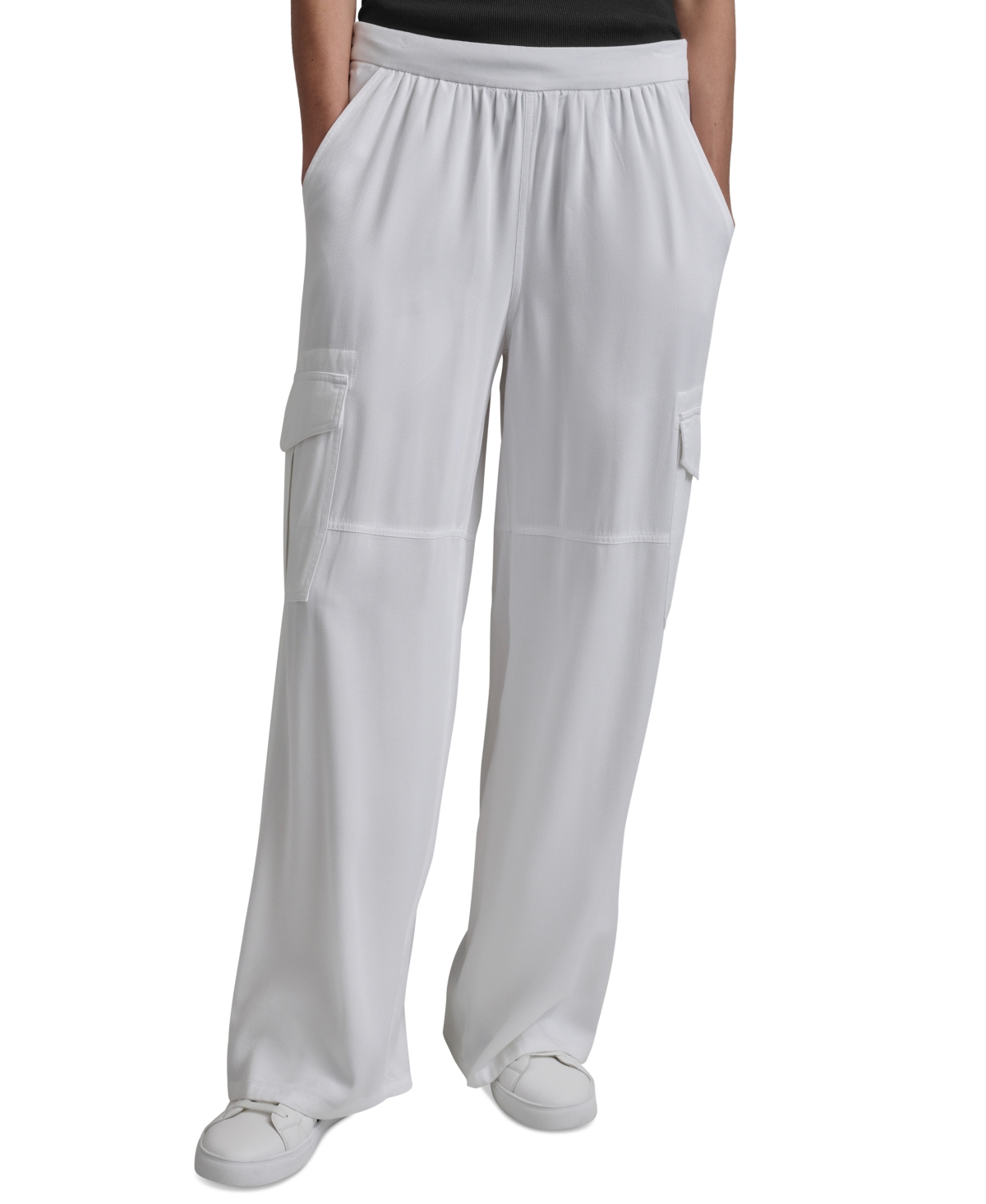 Shop Dkny Women's Pull-on Twill Wide-leg Cargo Pants In White