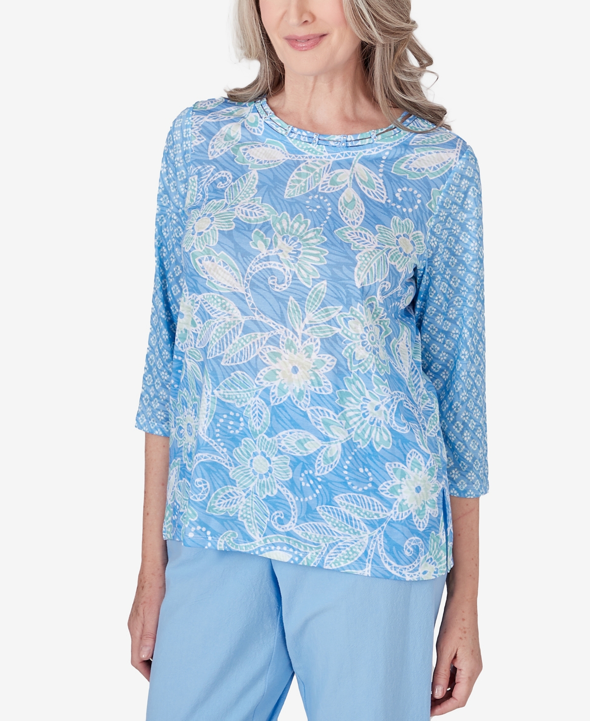 Shop Alfred Dunner Women's Hyannisport Crew Neck Floral Top In Cornflower Blue