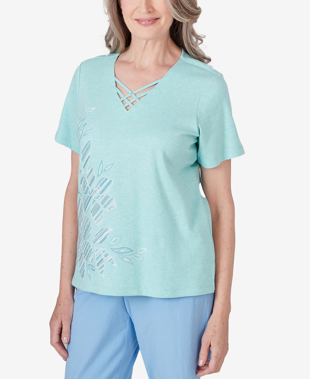 Shop Alfred Dunner Women's Hyannisport Short Sleeve Embroidered Flower T-shirt In Seafoam