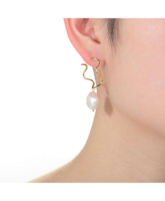 Very Stylish Sterling Silver with 14K Gold Plating and Genuine Freshwater Pearl Curvy Dangling Earrings