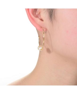 Stylish Sterling Silver 14K Gold Plating and Genuine Freshwater Pearl Round Hoop Earrings