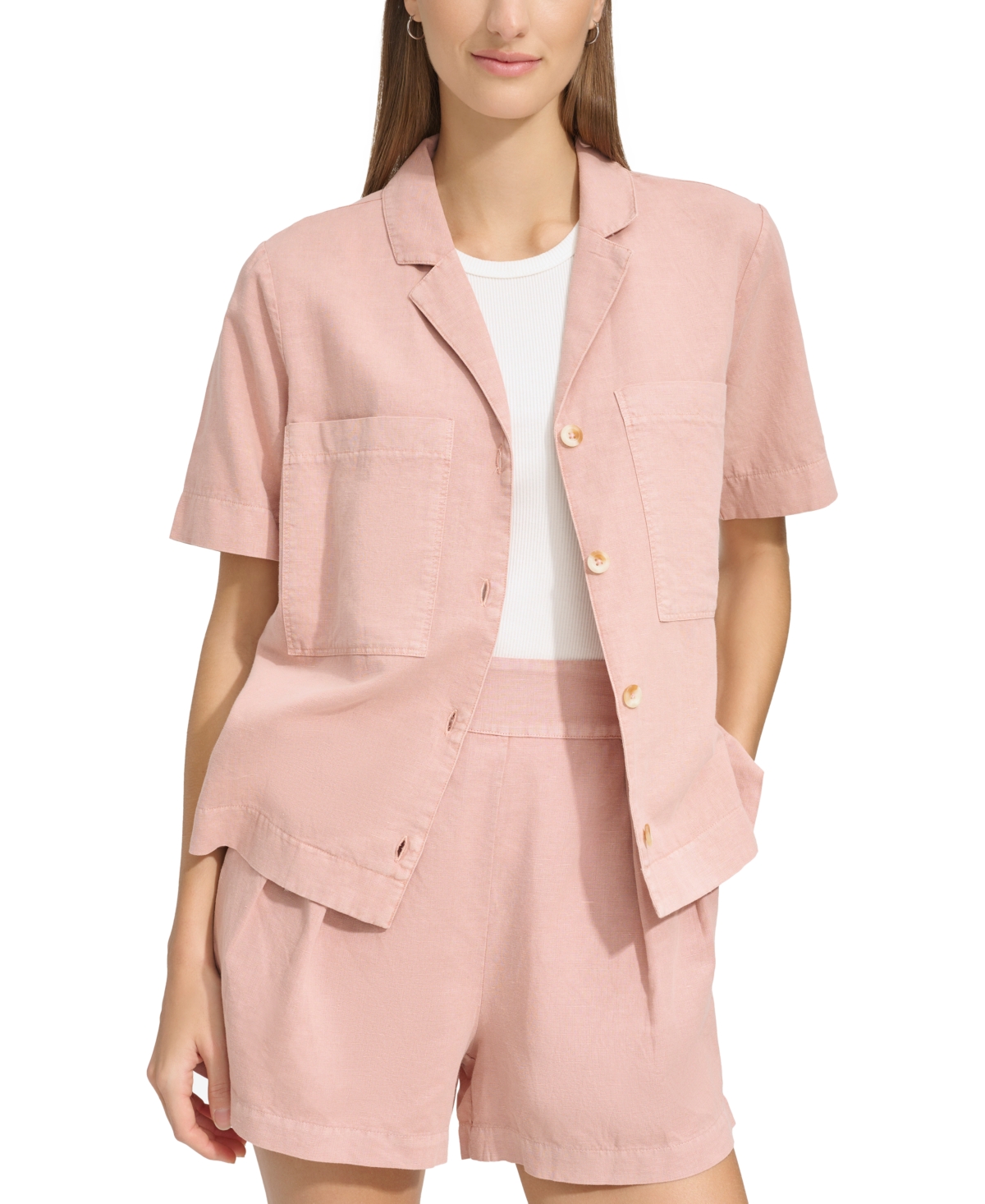 Shop Marc New York Andrew Marc Sport Women's Short-sleeve Washed Button-front Camp Shirt In Rose
