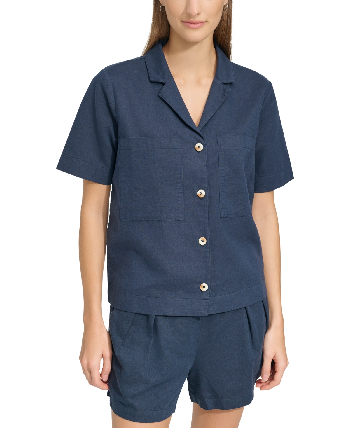 Shop Marc New York Andrew Marc Sport Women's Short-sleeve Washed Button-front Camp Shirt In Ink
