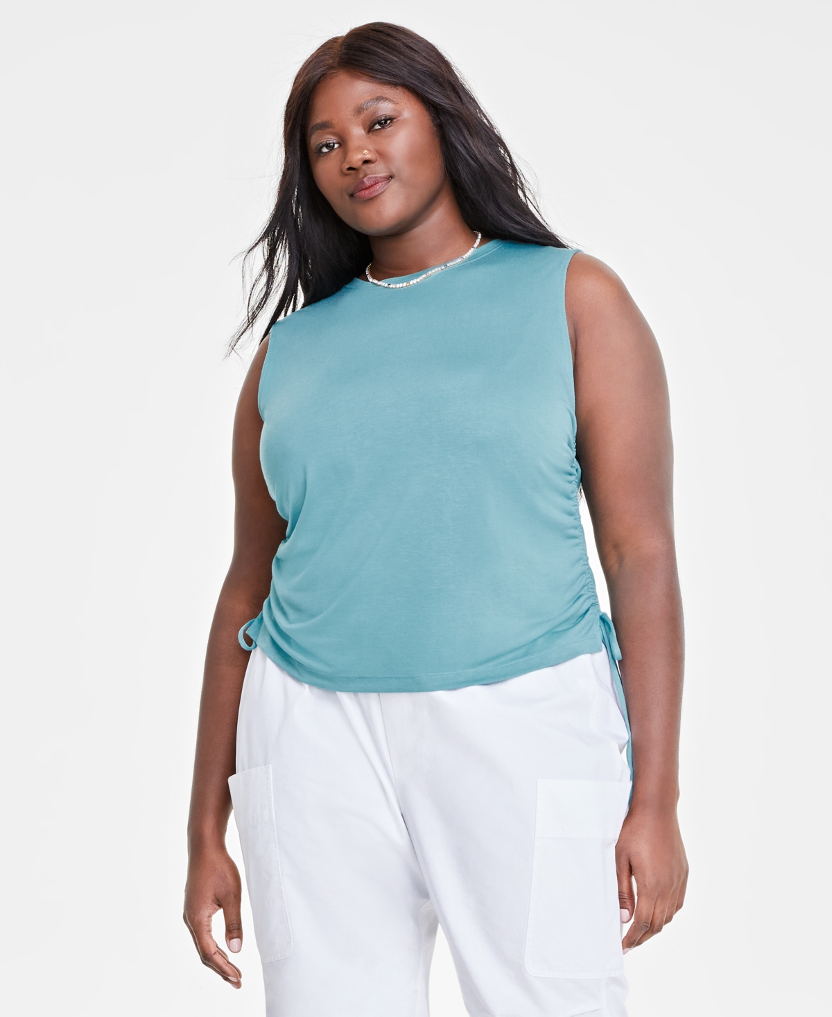 Shop Macy's On 34th Trendy Plus Size Cinched Muscle Tee, Created For  In Sea Spray