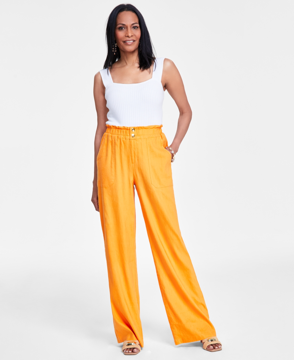 Women's Linen Paperbag-Waist Pants, Created for Macy's - Mango Daquiri