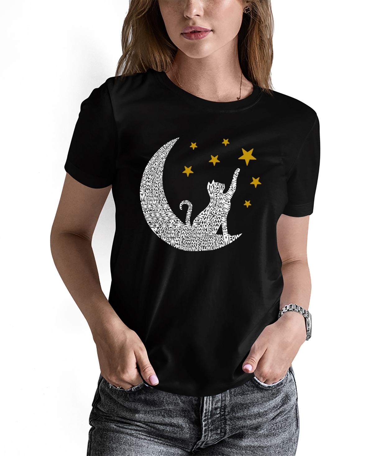 Shop La Pop Art Women's Word Art Cat Moon T-shirt In Black