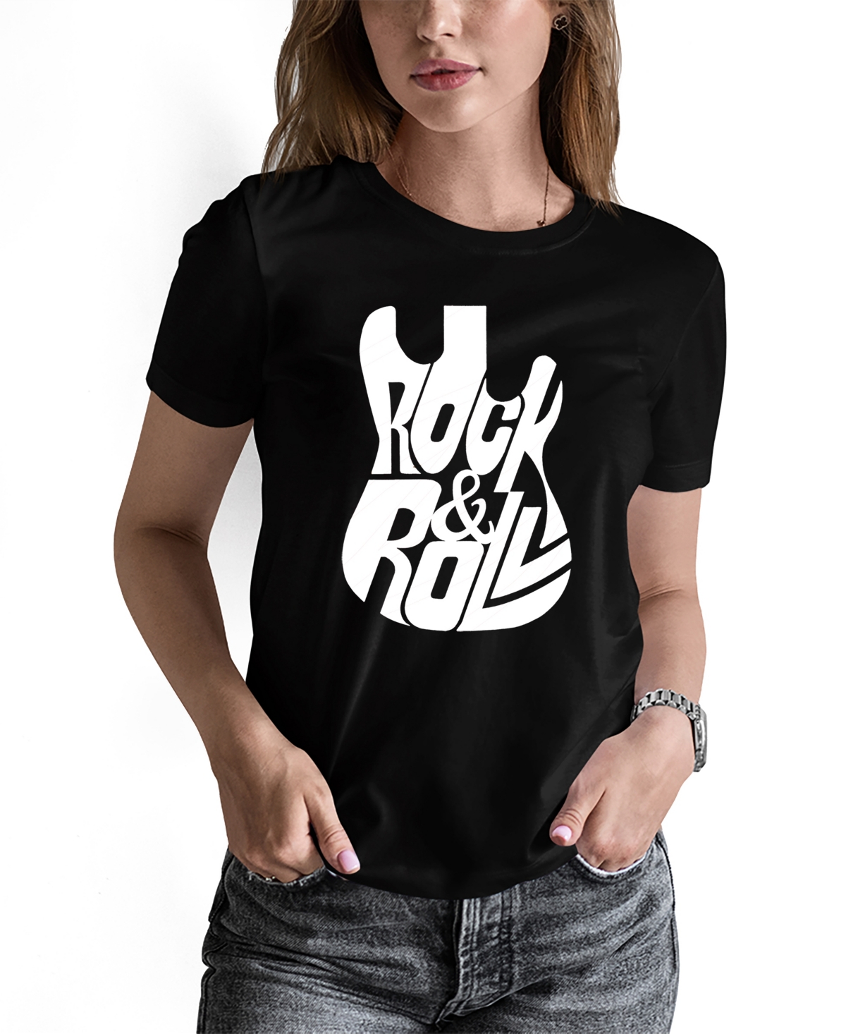 Women's Word Art Rock And Roll Guitar T-Shirt - Pink