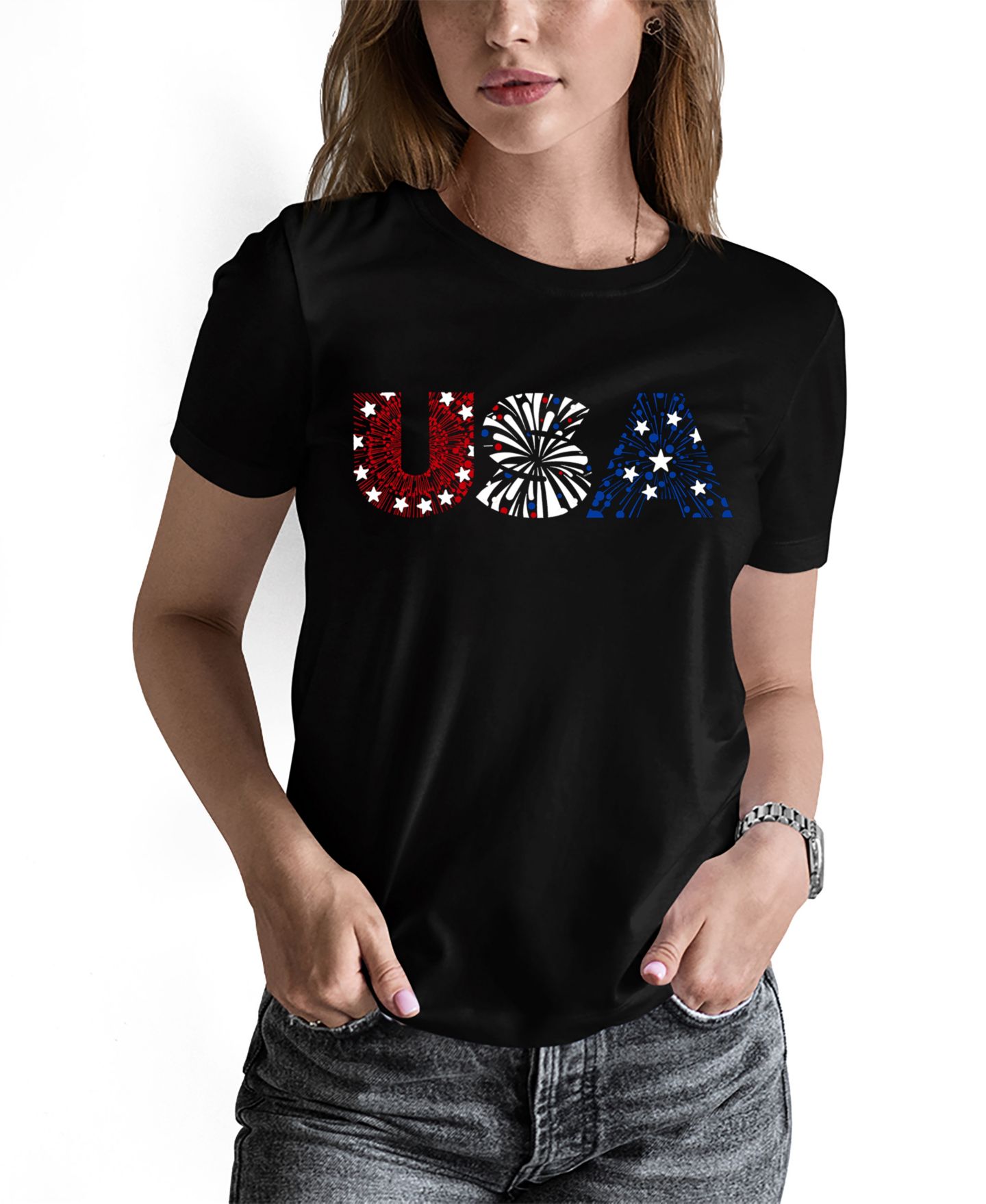 Женская футболка LA Pop Art Word Art USA Fireworks, цвет: Чёрный — фото 1