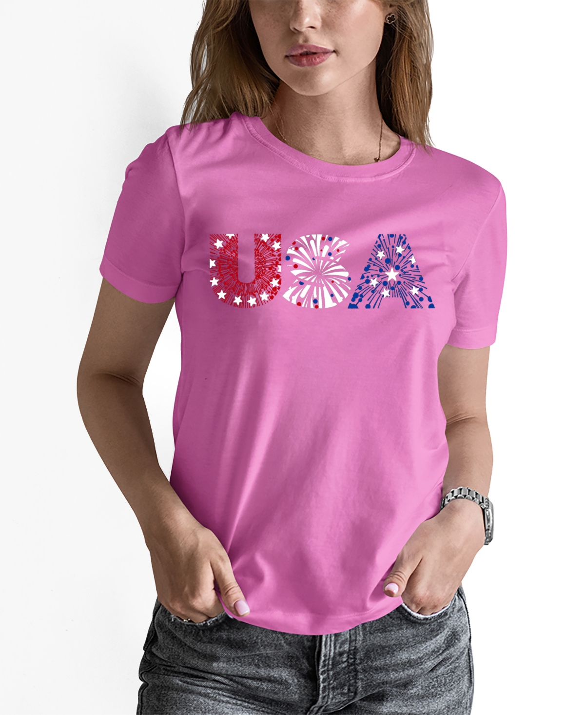 Women's Word Art Usa Fireworks T-Shirt - Pink