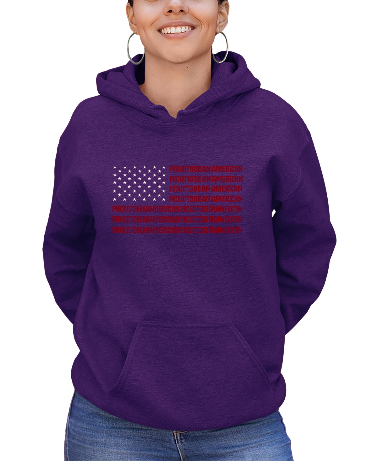 Shop La Pop Art Women's Word Art Proud To Be An American Hooded Sweatshirt In Purple