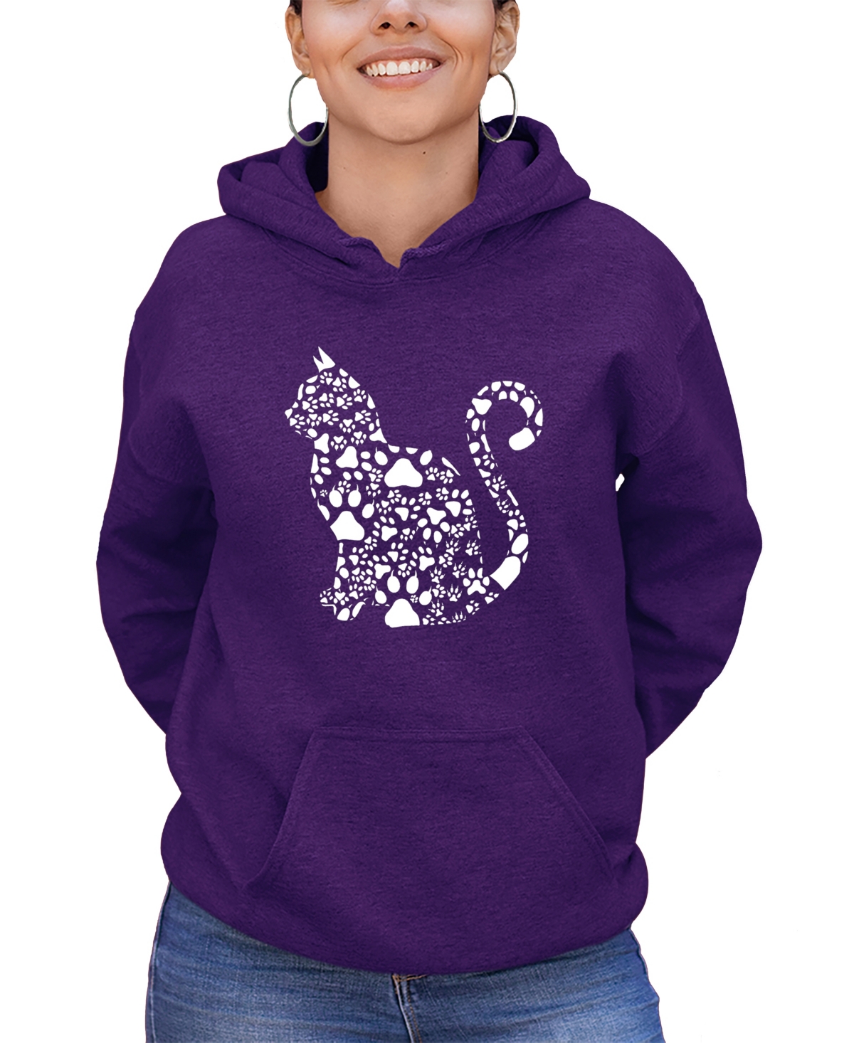 LA POP ART WOMEN'S WORD ART CAT PAWS HOODED SWEATSHIRT 