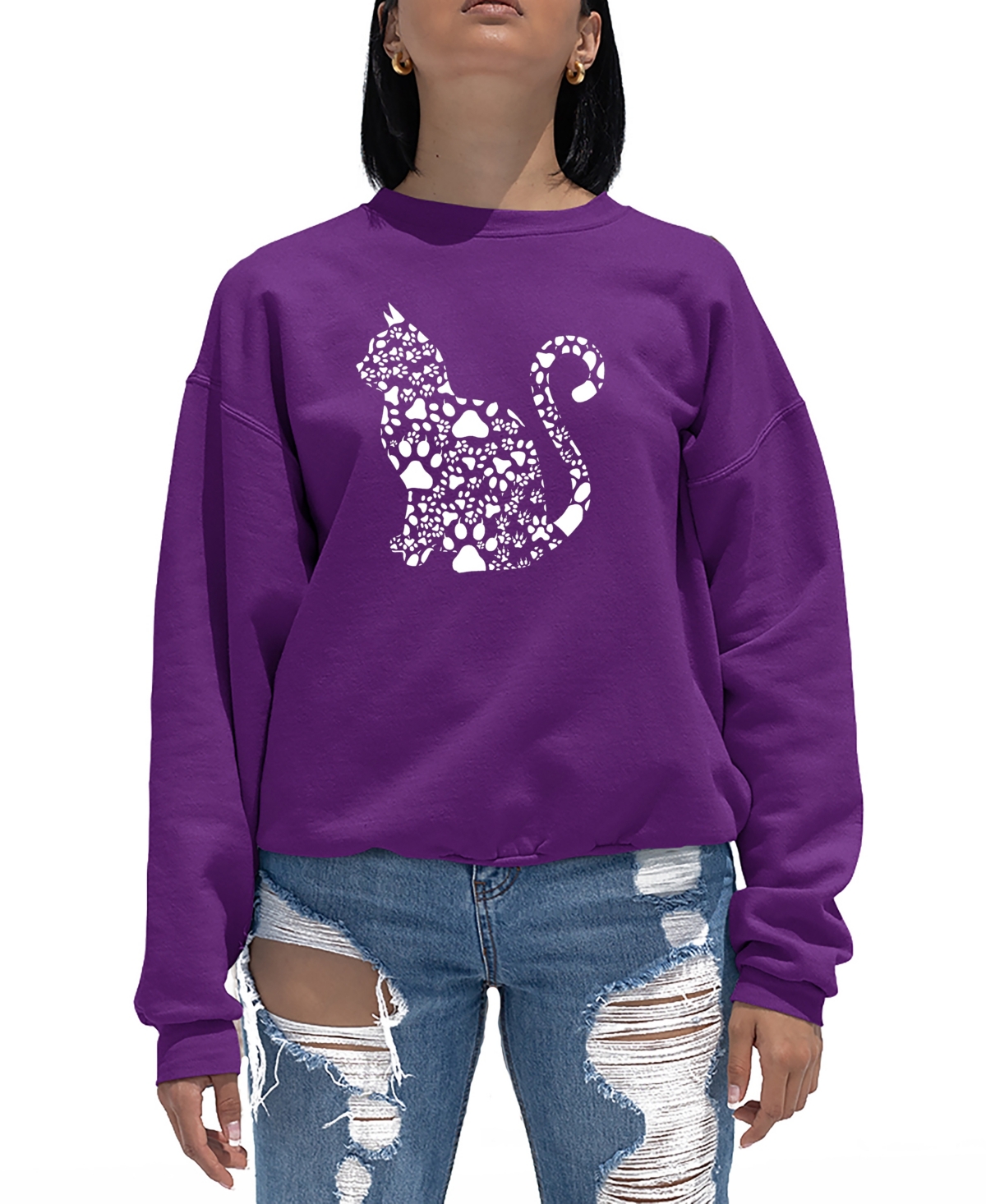 LA POP ART WOMEN'S WORD ART CAT PAWS CREWNECK SWEATSHIRT 