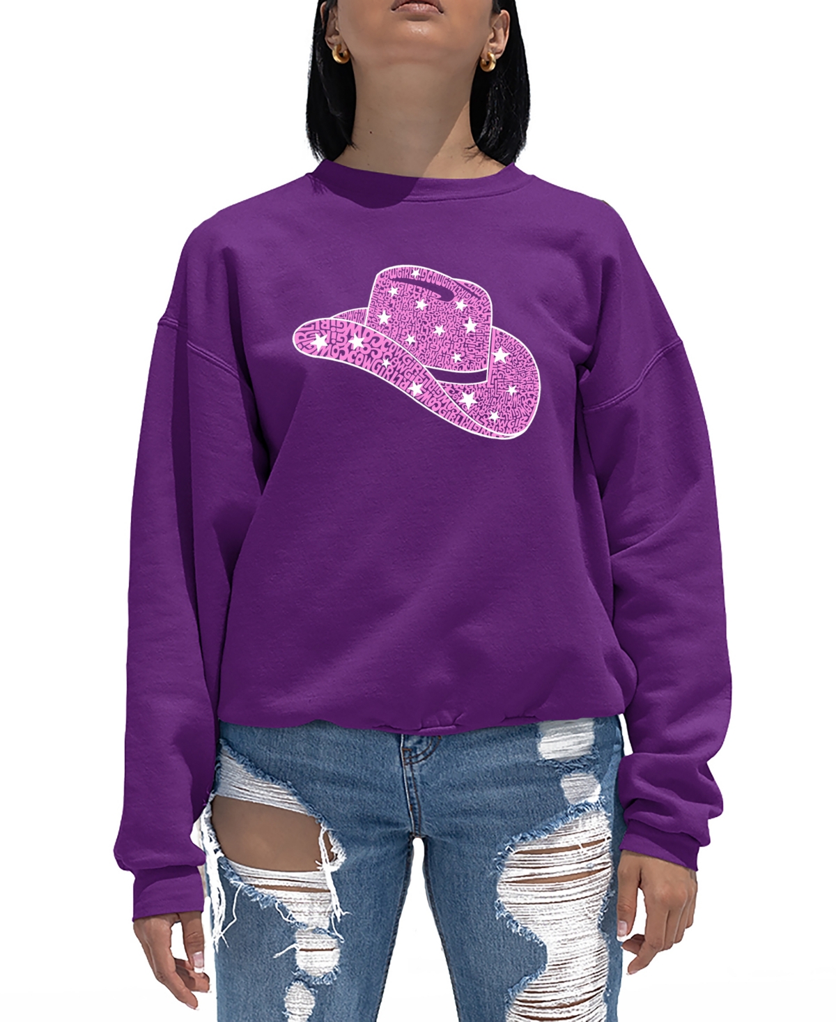 Shop La Pop Art Women's Word Art Cowgirl Hat Crewneck Sweatshirt In Purple