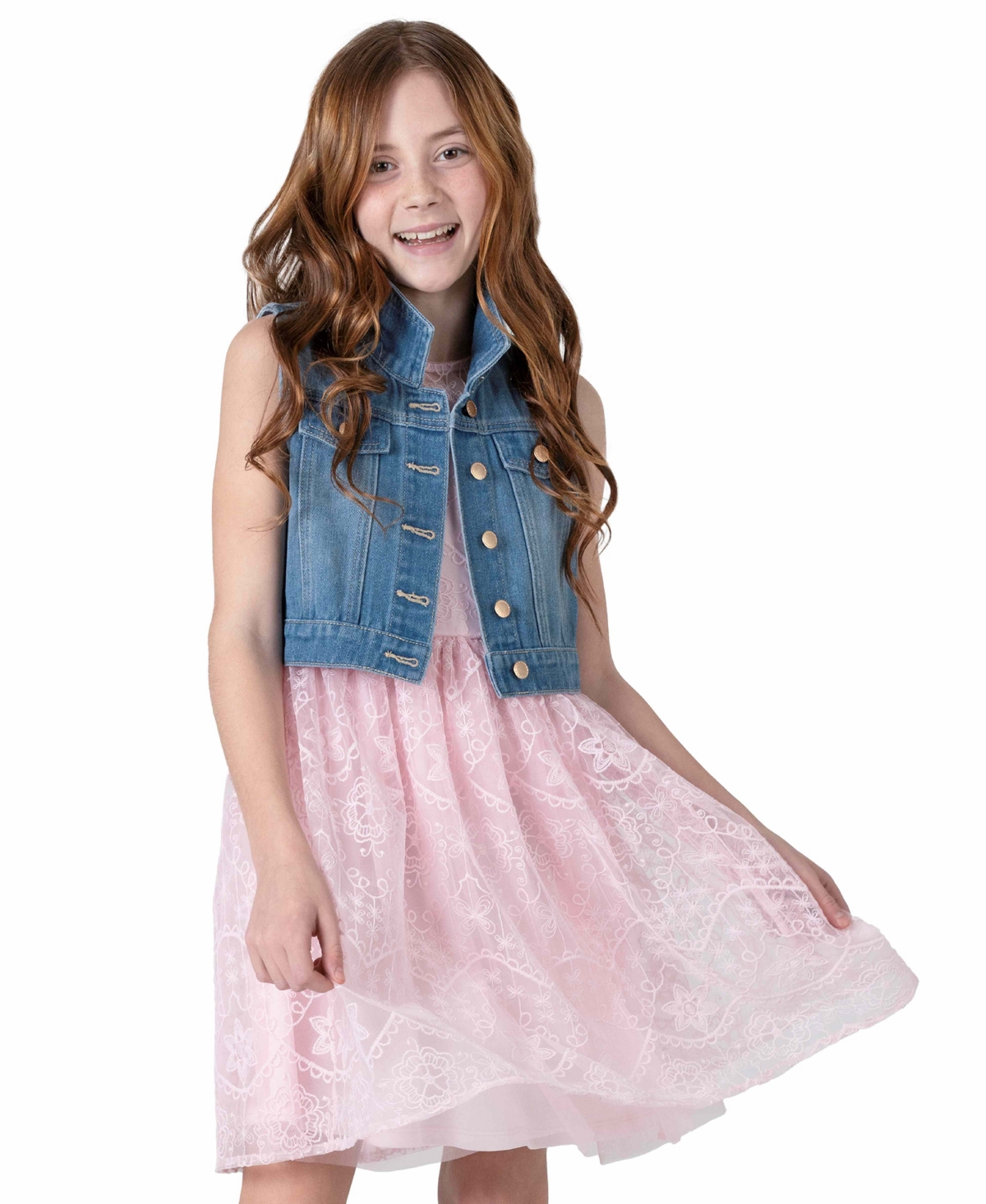Shop Rare Editions Big Girls Denim Vest And Embroidered Dress Outfit, 2 Pc In Blush