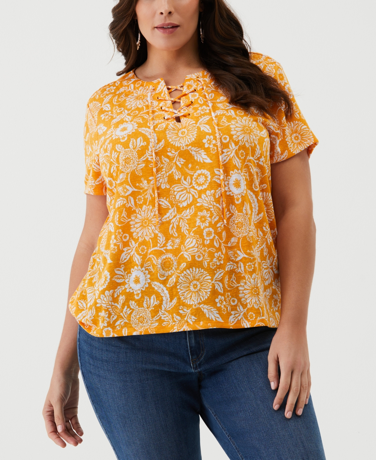 Plus Size Paisley Print Lace-Up Short Sleeve Tee Shirt - Cadmium Yellow