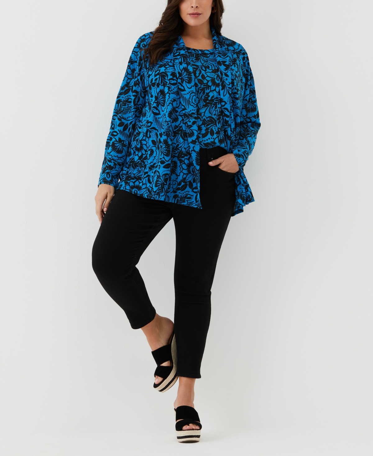Shop Ella Rafaella Plus Size Eco Floral Print Roll Collar Draped Long Sleeve Cardigan Sweater In Malibu Blue