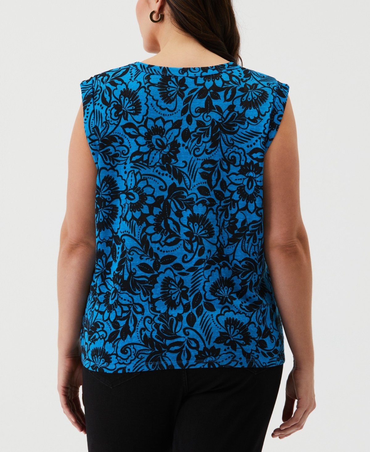 Shop Ella Rafaella Plus Size Eco Floral Print Cuffed Sleeveless Tank Top In Malibu Blue