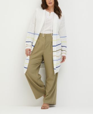 Plus Size Cotton-Linen Blend Striped Cardigan Sweater