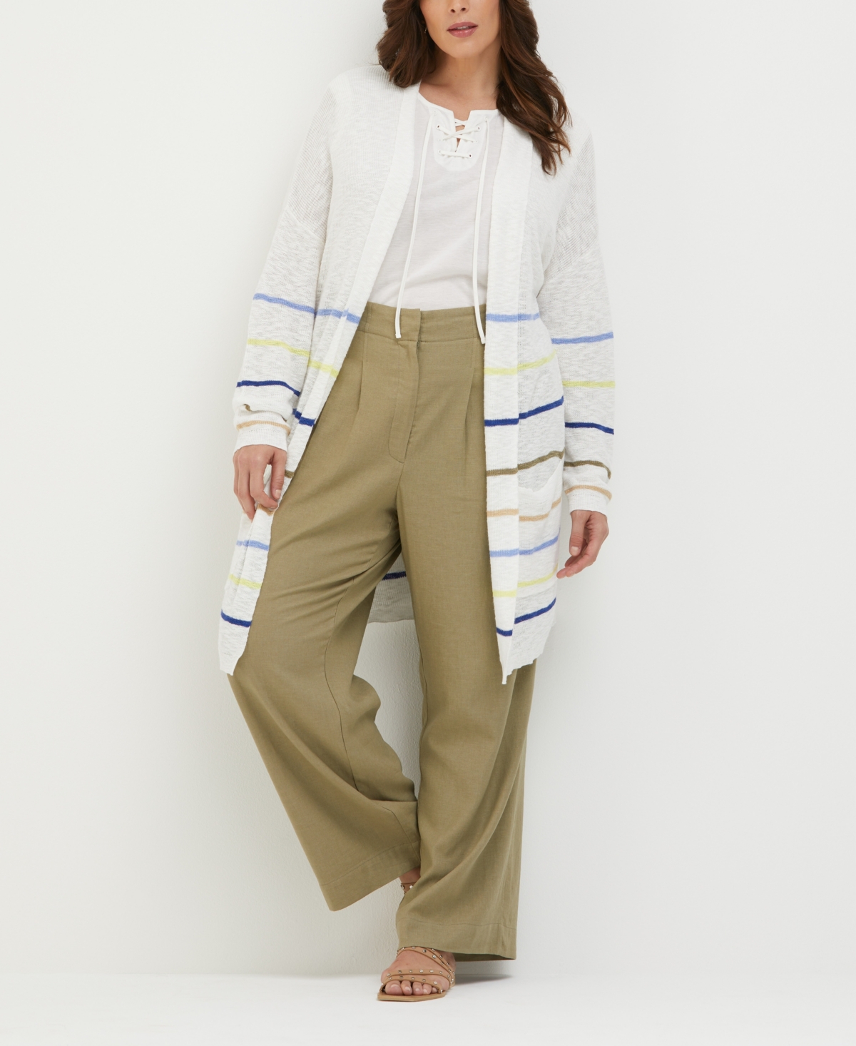 Shop Ella Rafaella Plus Size Cotton-linen Blend Striped Cardigan Sweater In Hydrangea
