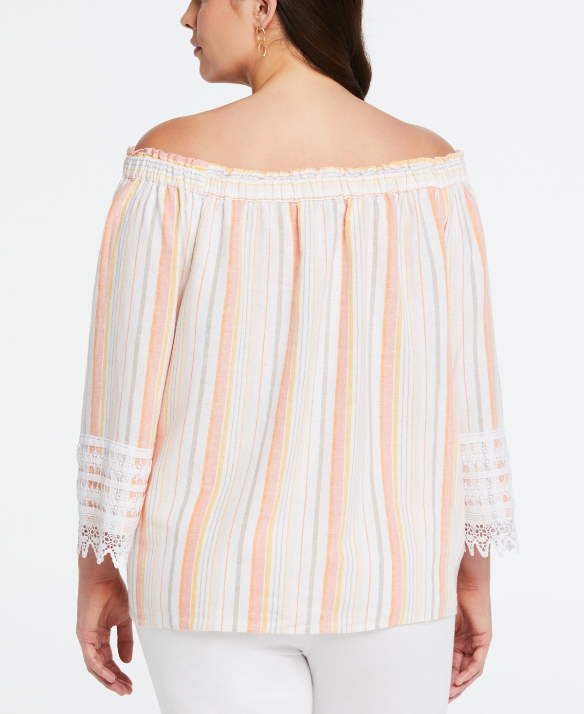 Shop Ella Rafaella Plus Size Linen Blend Peasant Top With Lace Sleeve In Desert Flower