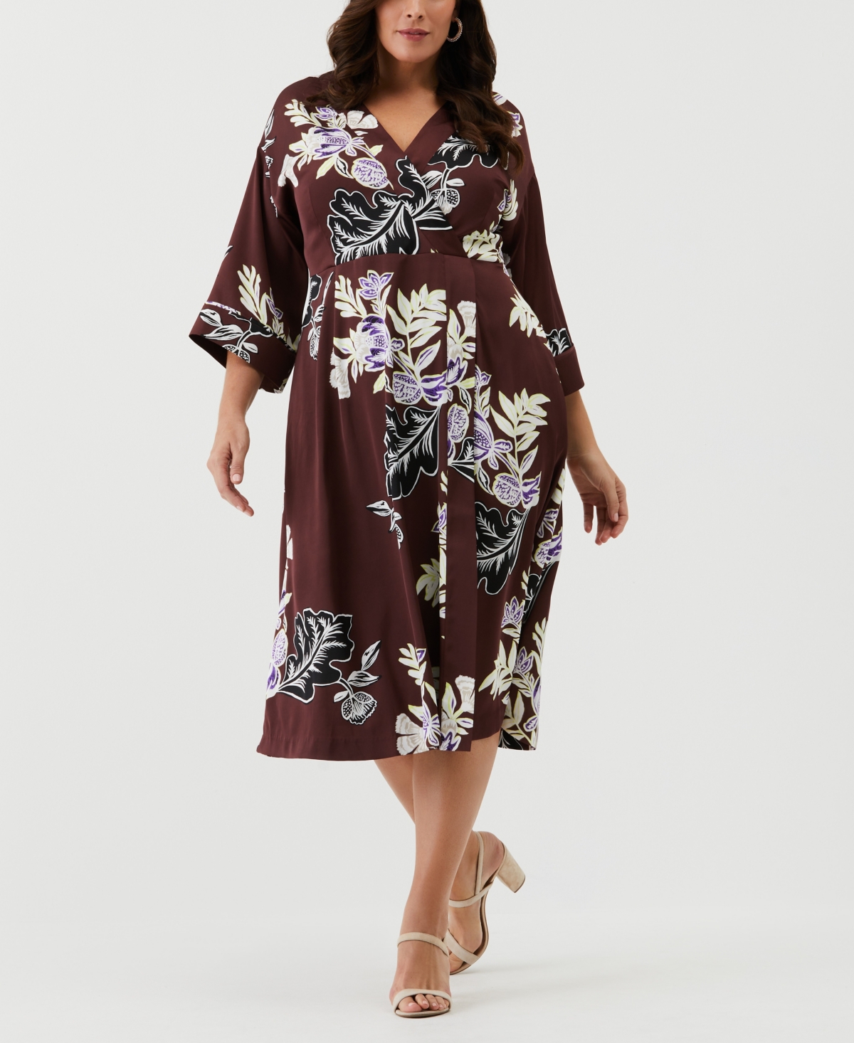Shop Ella Rafaella Plus Size Floral Print Faux Wrap 3/4 Sleeve Midi Dress In Decadent Chocolate