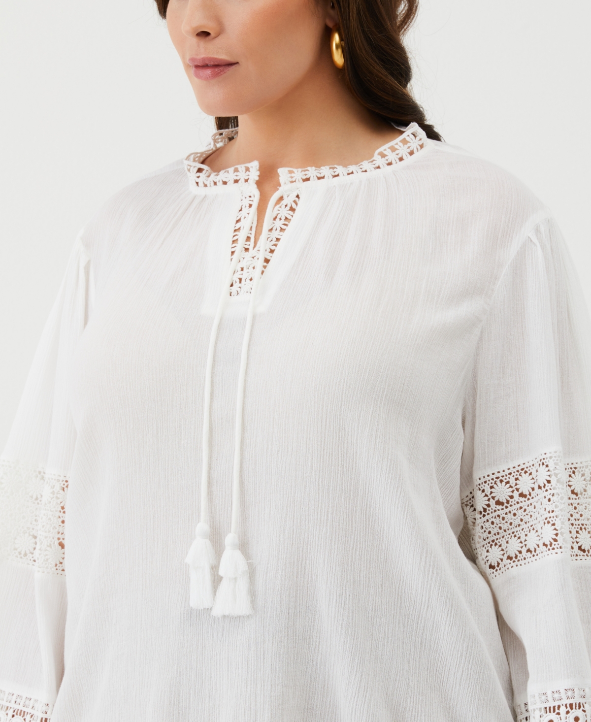 Shop Ella Rafaella Plus Size Embroidered Puff Long Sleeve Blouse In White