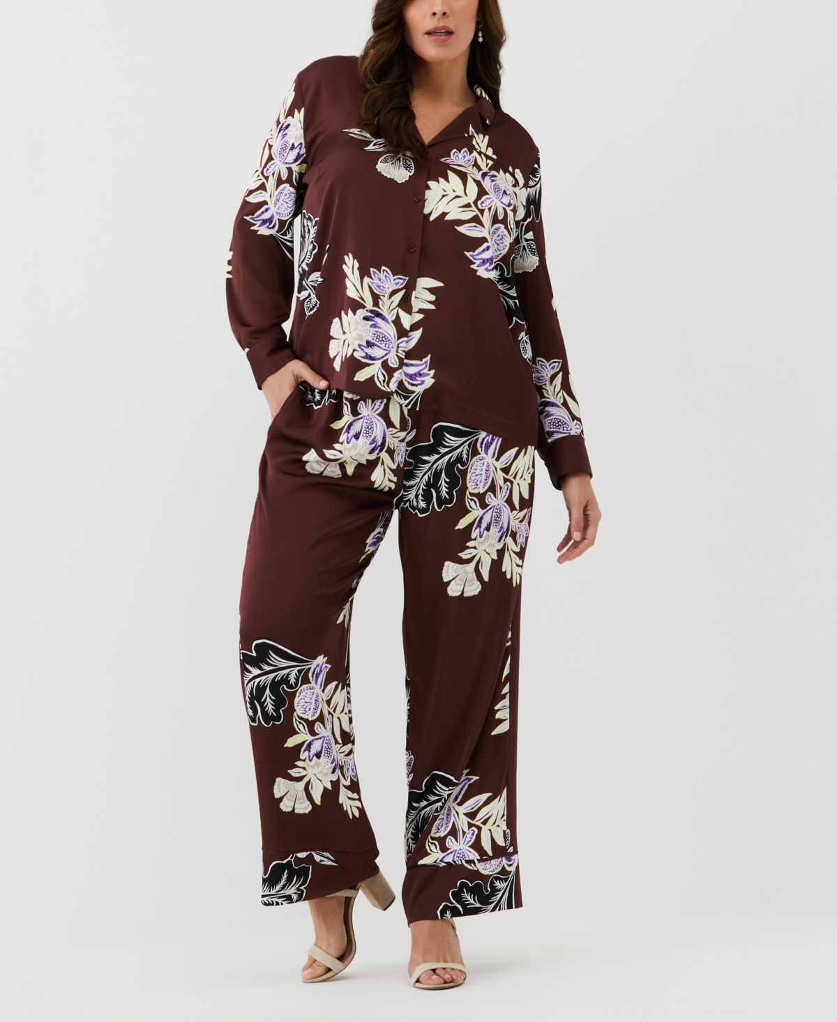 Shop Ella Rafaella Plus Size Floral Print Long Sleeve Shirt With Piping In Decadent Chocolate