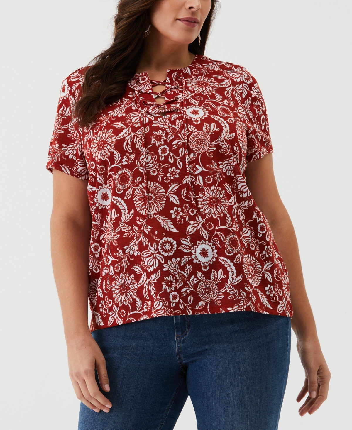 Shop Ella Rafaella Plus Size Paisley Print Lace-up Short Sleeve Tee Shirt In Red Ochre