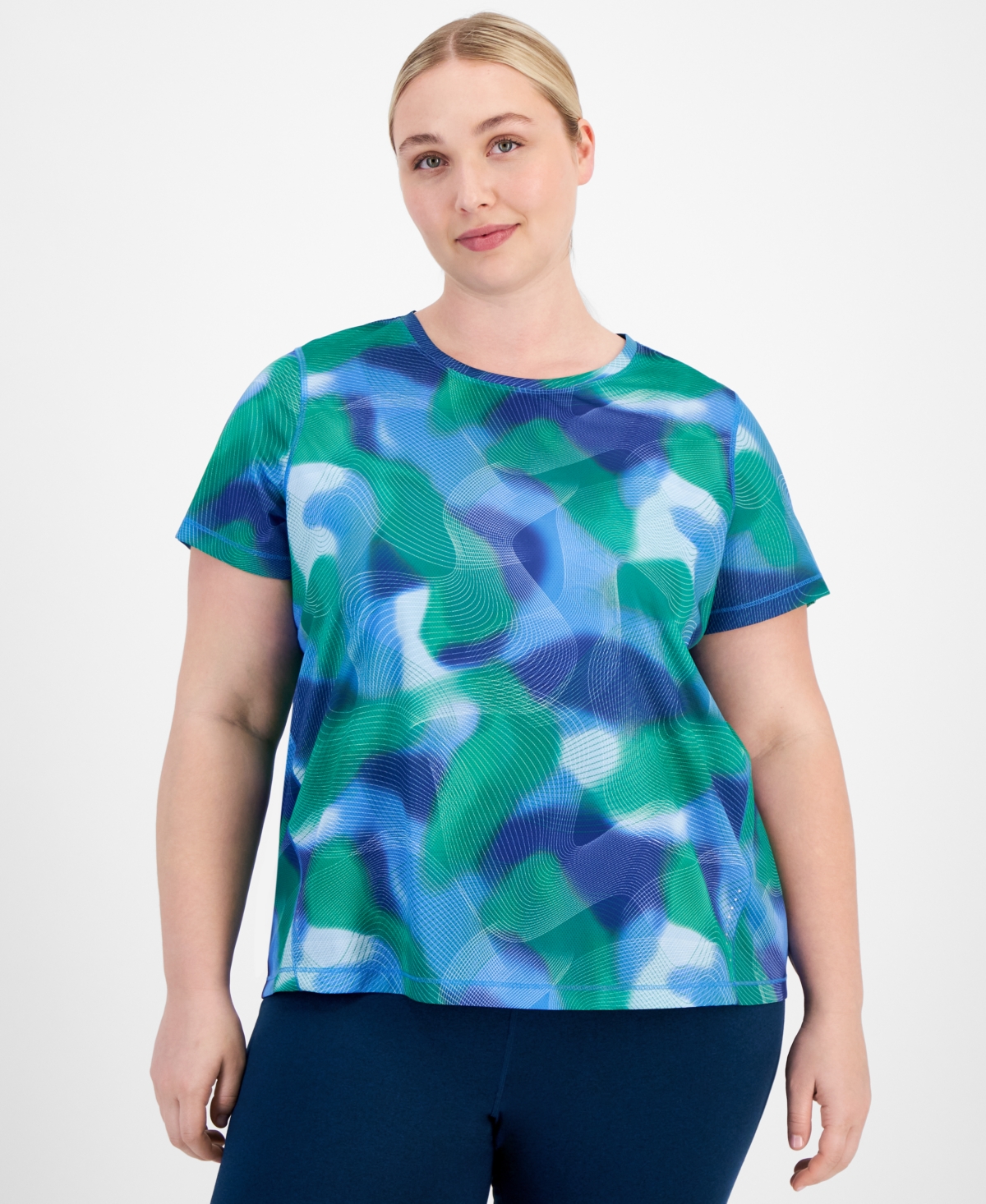 Plus Size Birdseye-Mesh Short-Sleeve Top, Created for Macy's - Tartan Blue