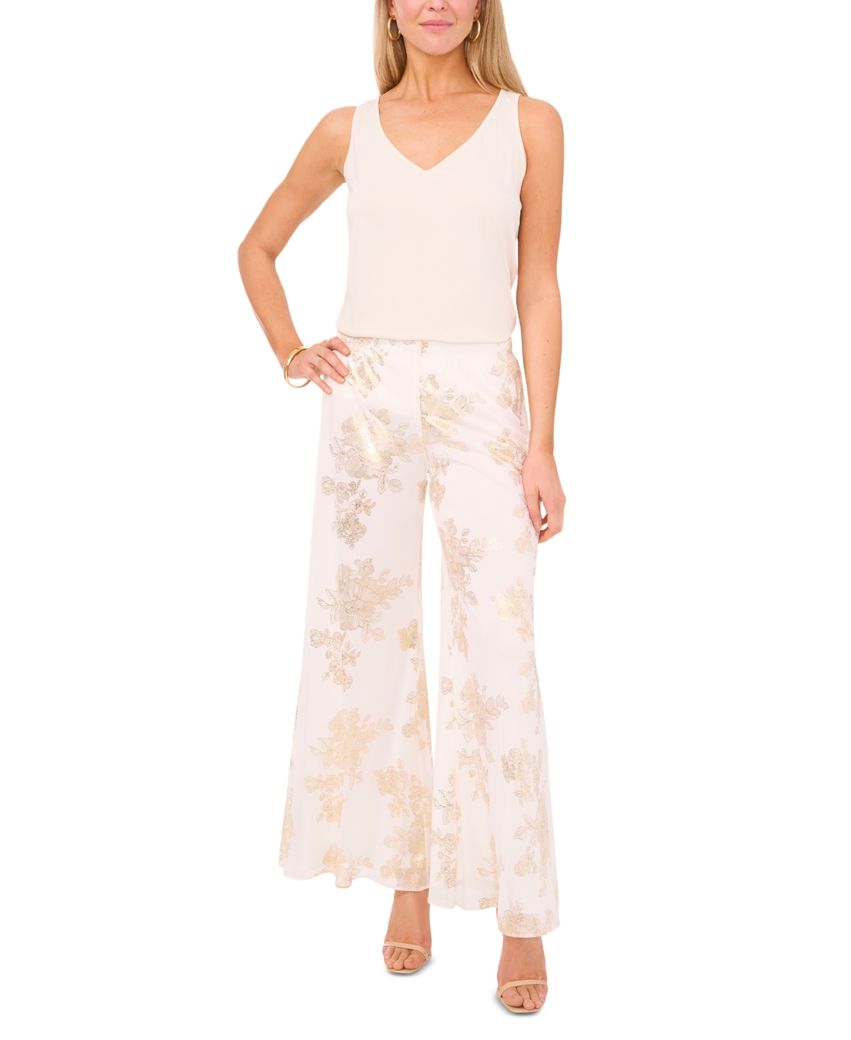 Petite Palazzo Foil-Print Wide-Leg Pull-On Pants - Ivory/Gold