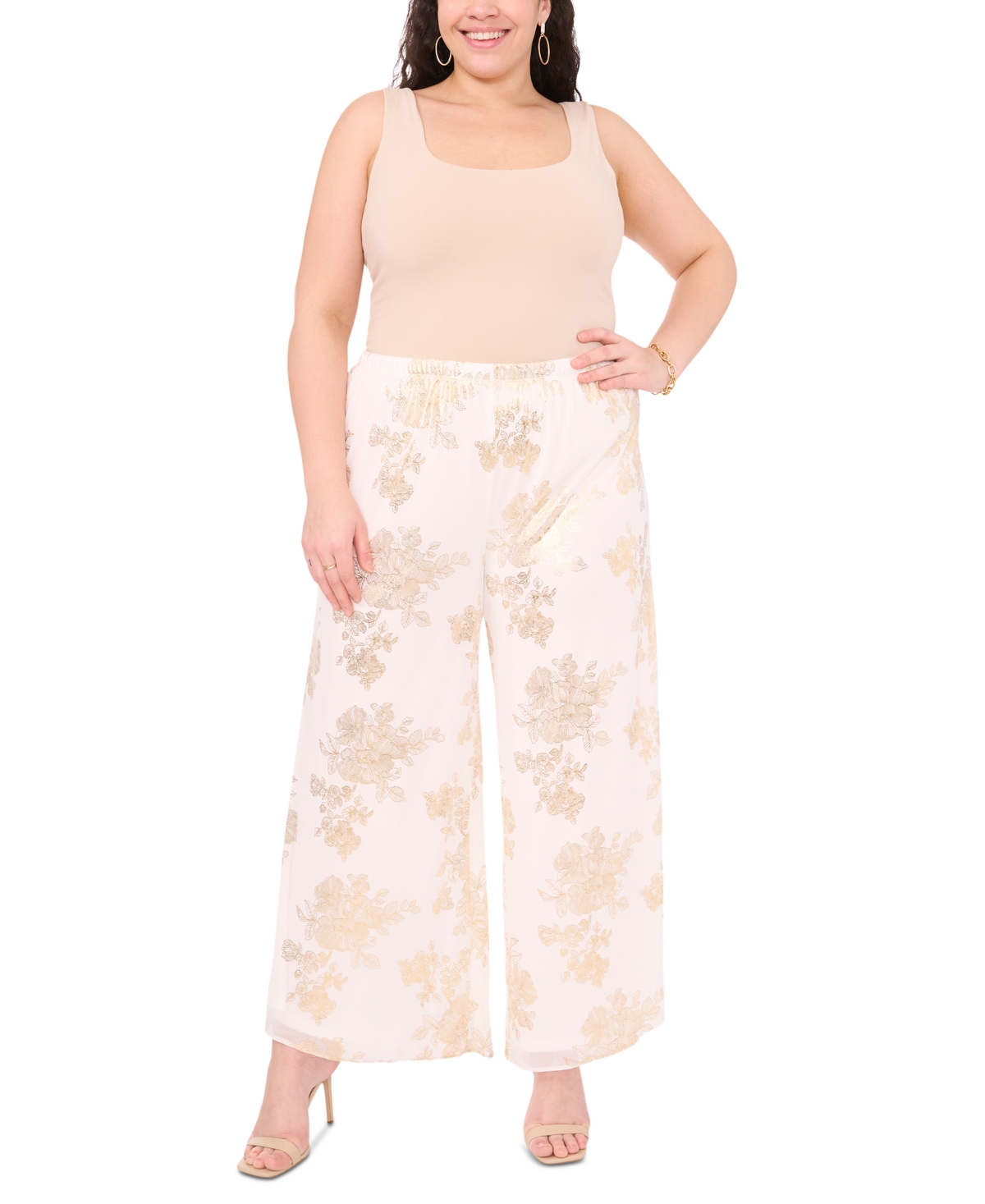 Plus Size Printed Chiffon Pull-On Palazzo Pants - Ivory/Gold