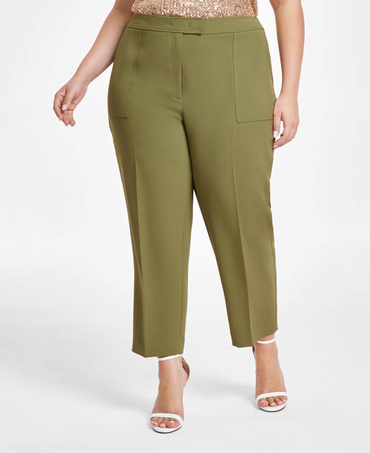 Plus Size High Rise Fly-Front Ankle Pants - Bay Leaf