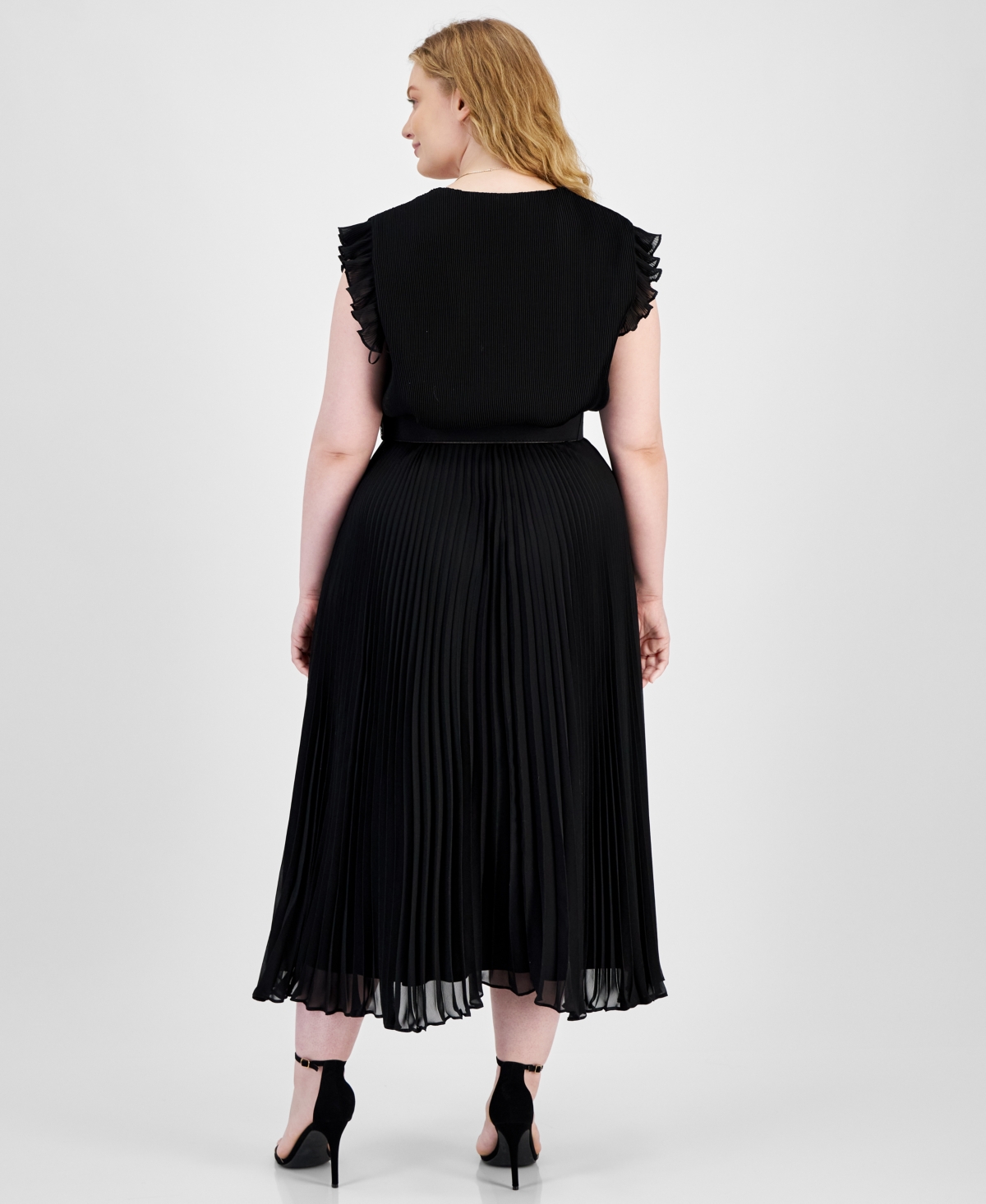 Shop Taylor Plus Size Pleated Belted A-line Dress In Black