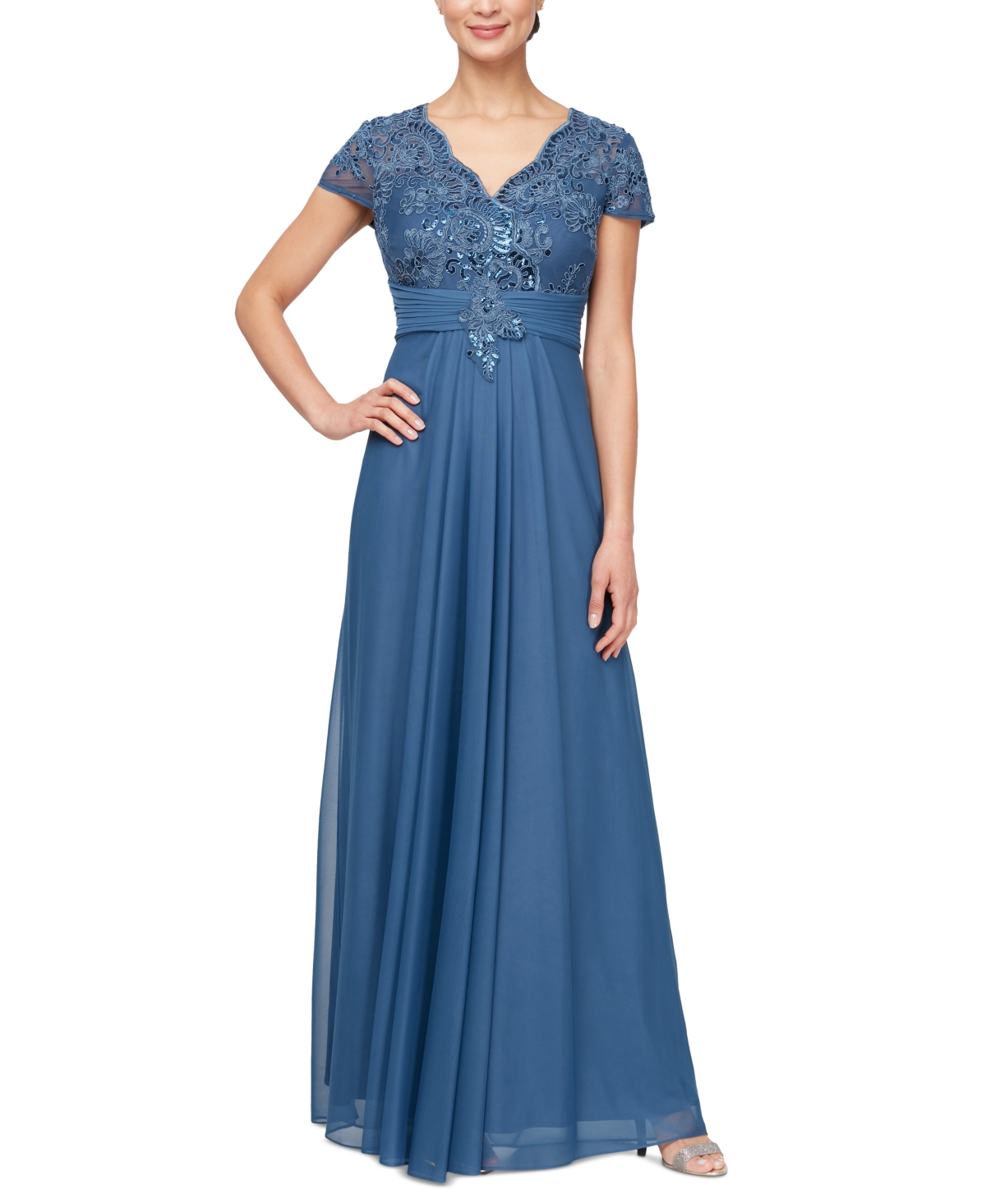 Shop Alex Evenings Women's Embellished Short-sleeve Gown In Vintage Blue