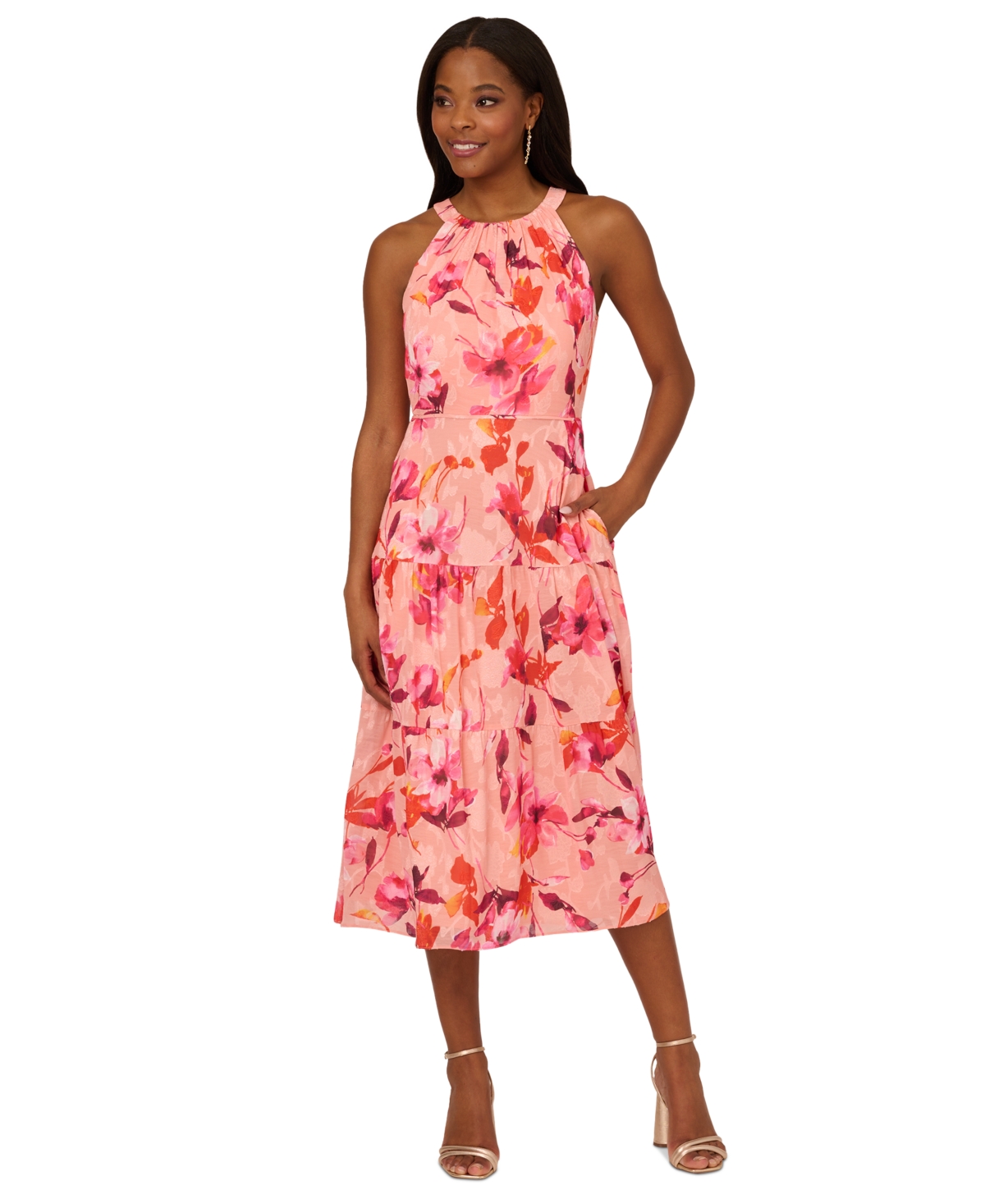 Shop Adrianna Papell Women's Floral Print Tiered Sleeveless Midi Dress In Apricot Multi