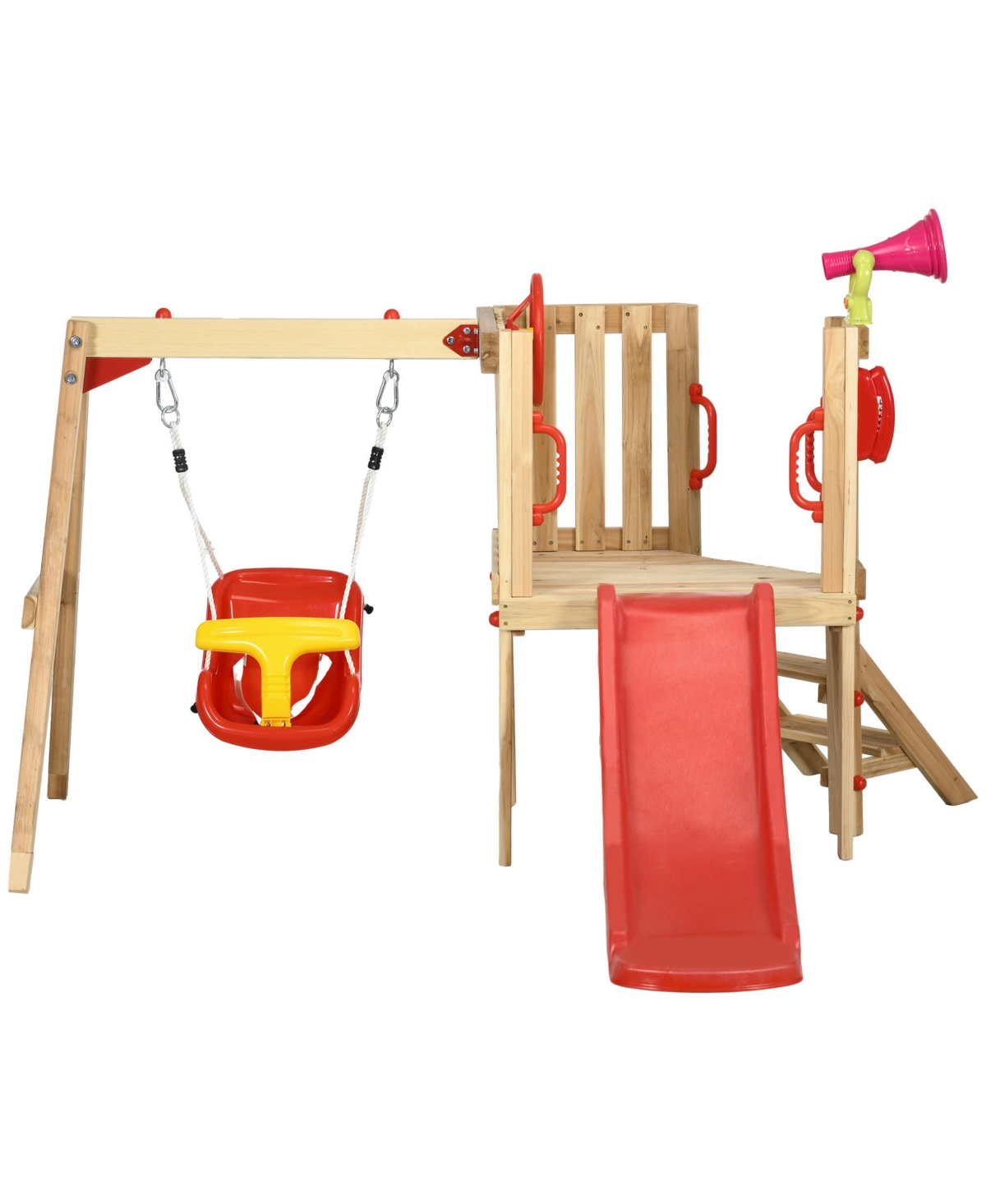 Outsunny 4-in-1 Wooden Swing Set w/ Swing, Slide, Horn, Steering Wheel