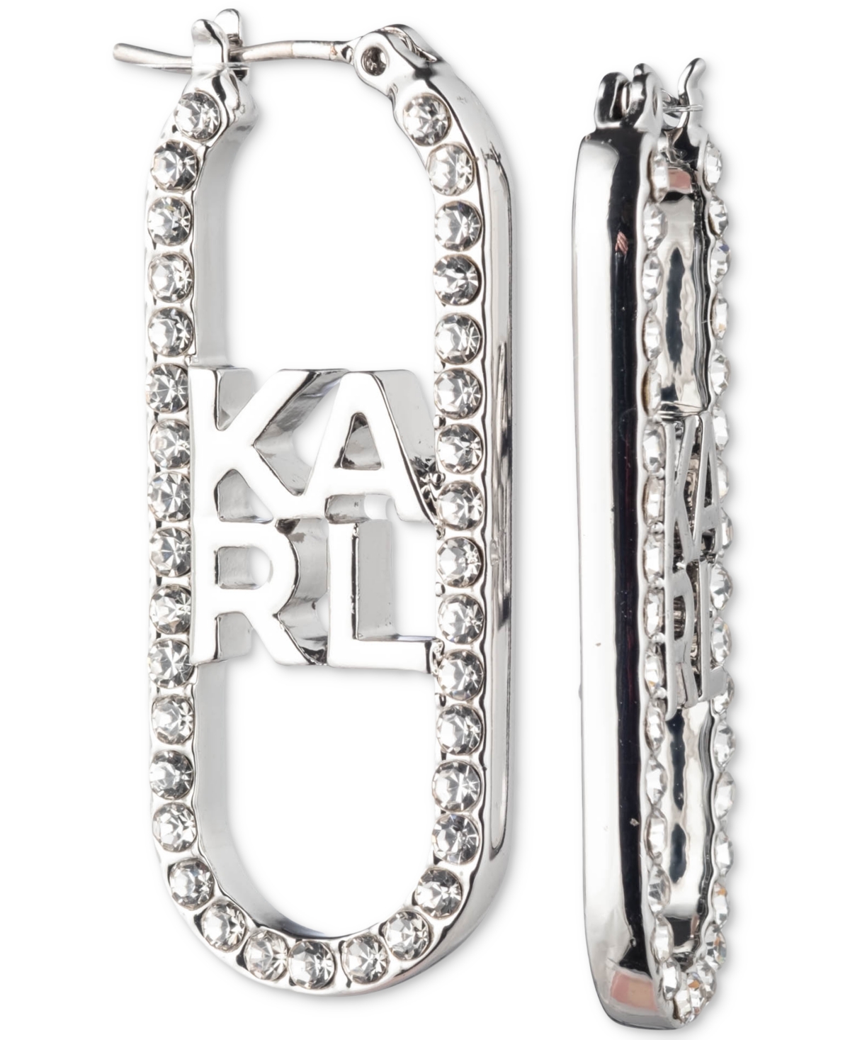 Shop Karl Lagerfeld Silver-tone Pave Logo Oval Hoop Earrings In Crystal Wh